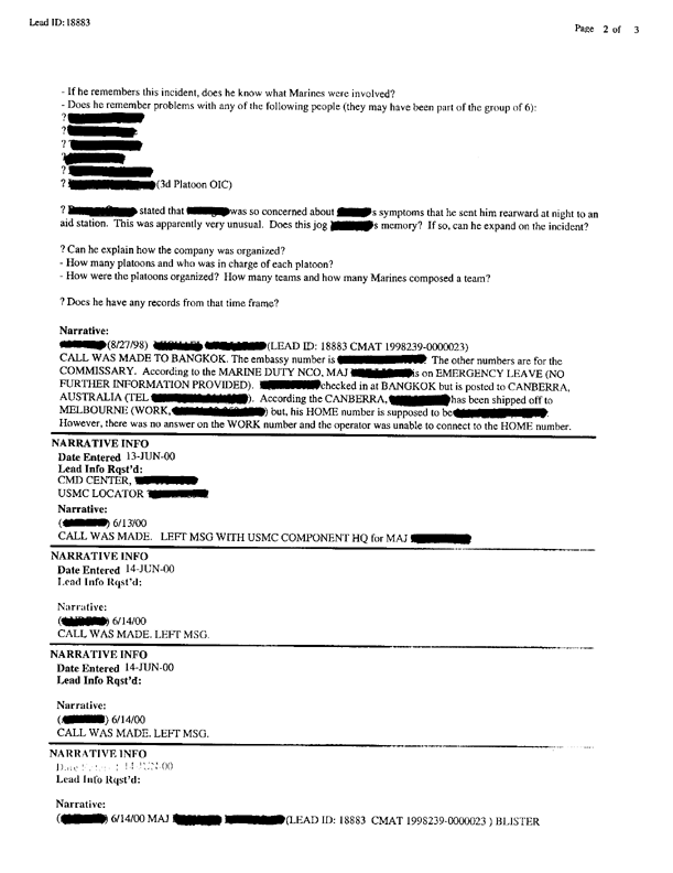 Lead Report #18883, Interview of commanding officer, Company B, 2d Reconnaissance Battalion, June 14, 2000