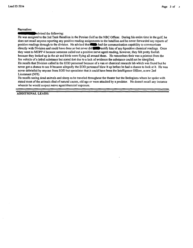 Lead Sheet 5358, Interview with the 3d Tank Battalion NBC officer, June 30, 1997