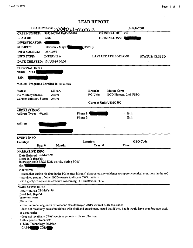 Lead Sheet 5278, Interview with Major from 2 FSSG EOD, 16 May 1996 and 18 June 1997