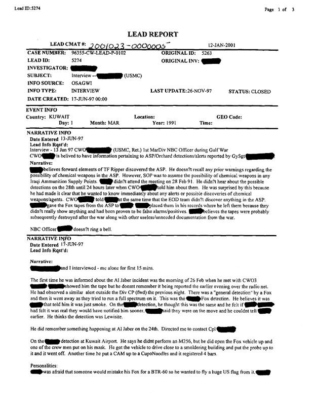 Lead Sheet 5274, Interview with 1st MarDiv NBC Officer, 13 June 1997