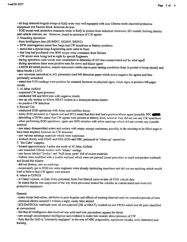 Lead Sheet 5277, Interview with OIC 1st Platoon, 2 FSSG EOD, 16 May 1996 and 17 June 1997