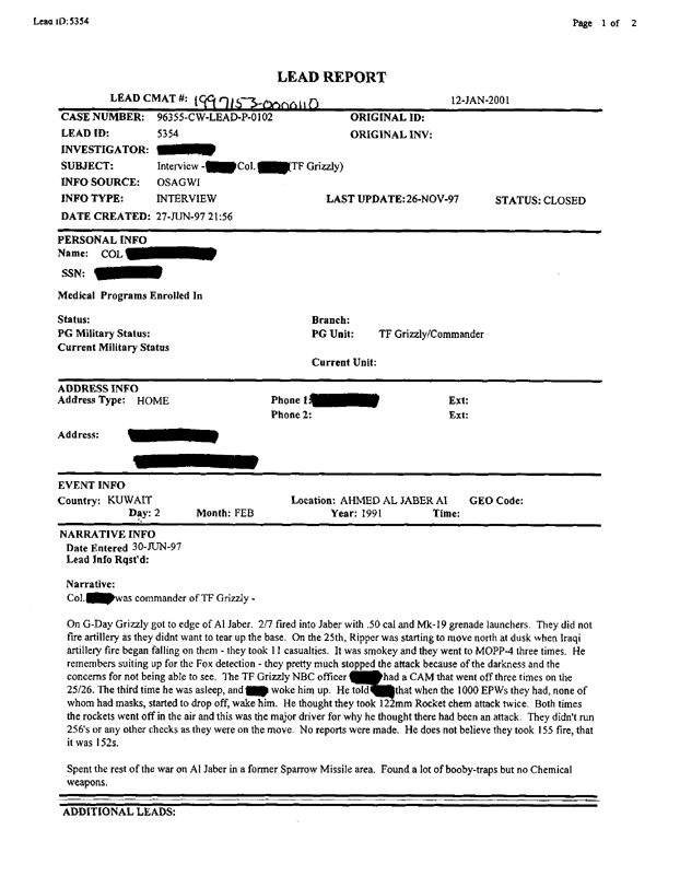 Lead Sheet 5354, Interview with Task Force Grizzly Commander, June 30, 1997