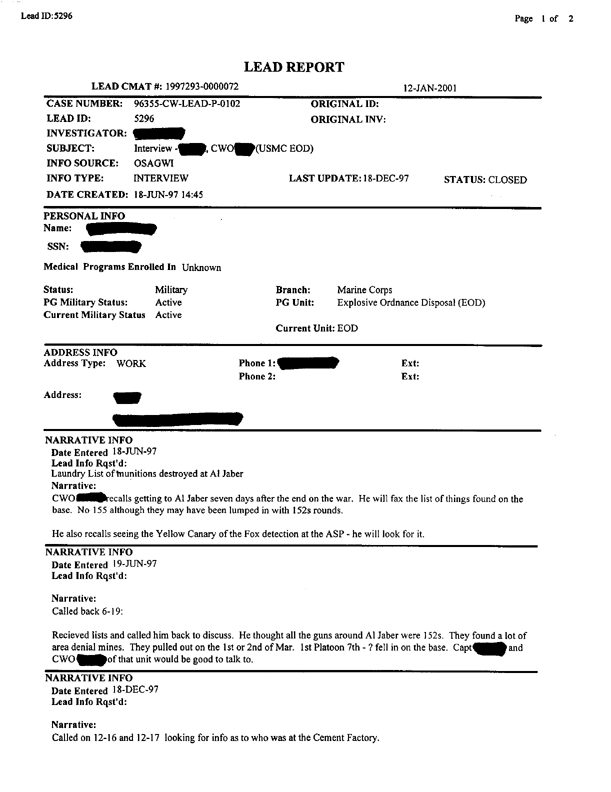 Lead Sheet 5296, Interview with member of 1st Platoon EOD, 17 June 1997