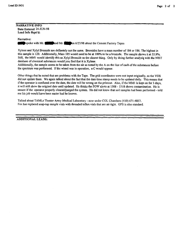 Lead Sheet 5431, Interview of Fox Expert, July 9, 1997.