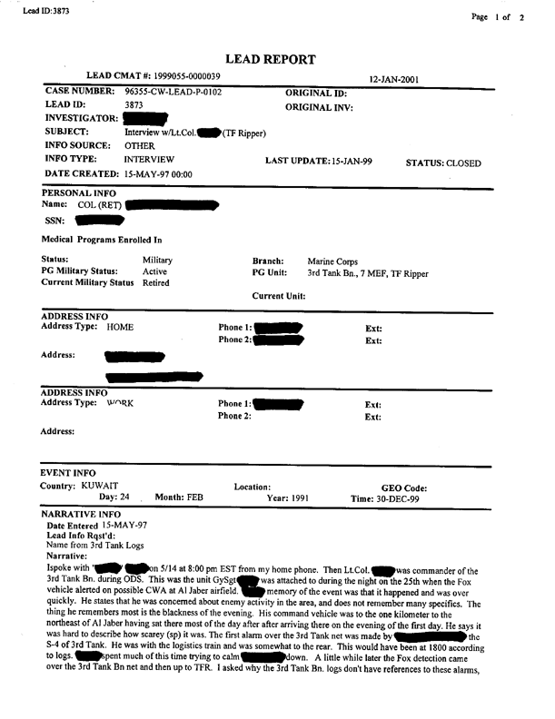 Lead Sheet 3873, Interview with the 3d Tank Battalion Commander, May 15, 1997