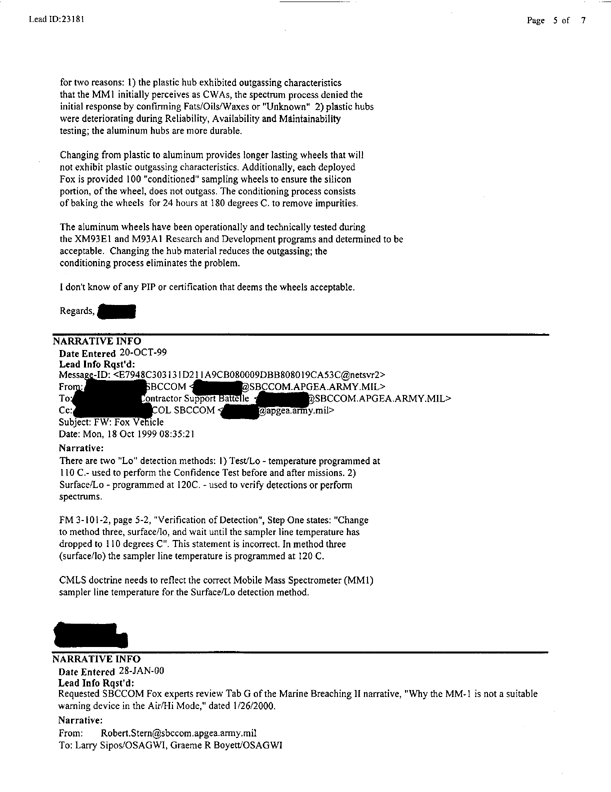 Lead Sheet 23181, Meeting with Fox subject matter experts, May 6, 1999