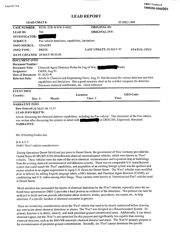 Lead Sheet 764, Interview of Fox expert, CBDCOM, May 28, 1996.