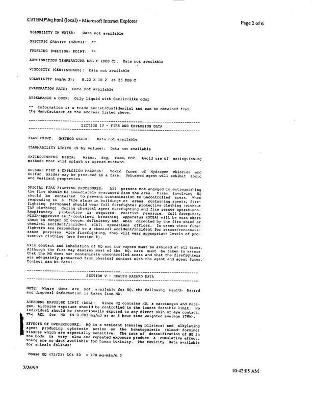 US Army Material Safety Data Sheet on HQ Mustard, Aberdeen Proving Ground, MD, June 30, 1995.