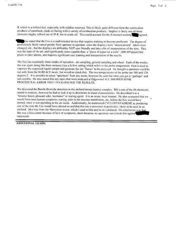 Lead Sheet #748, Interview of MM-1 subject matter expert, US Army Chemical and Biological Defense Command, April 30, 1996, p. 2. 