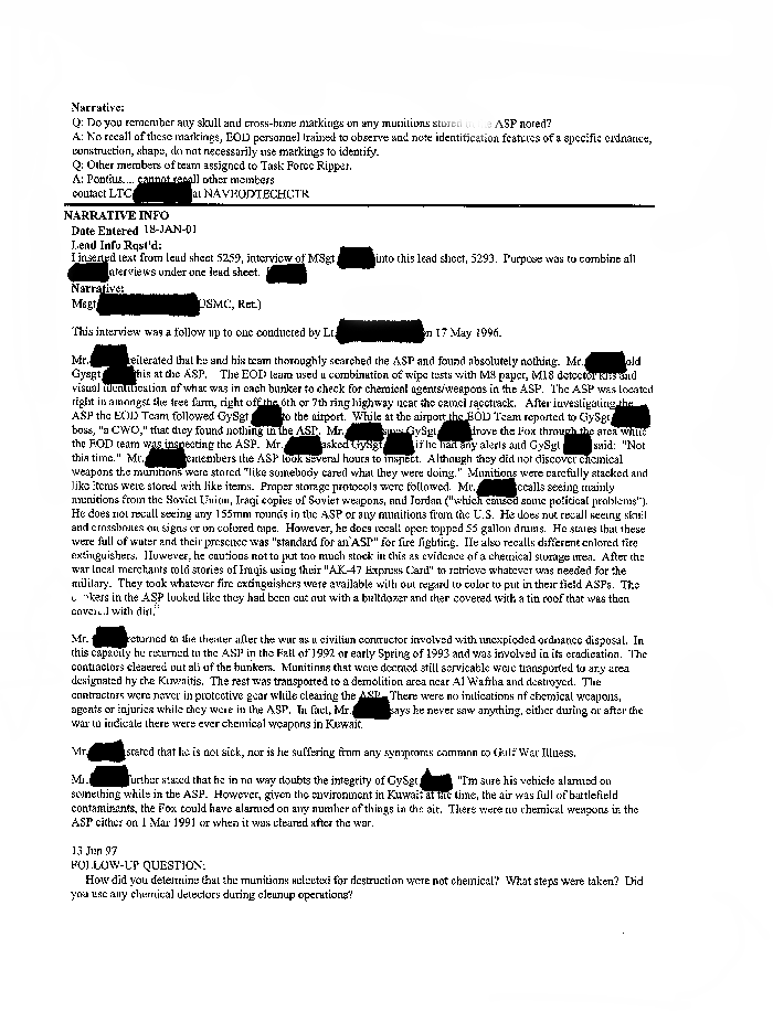 Lead Sheet #5293, Interview of team leader, 1st Force Service Support Group Explosive Ordnance Disposal Platoon, 7th Engineer Support Battalion, May 17, 1996, p. 3.