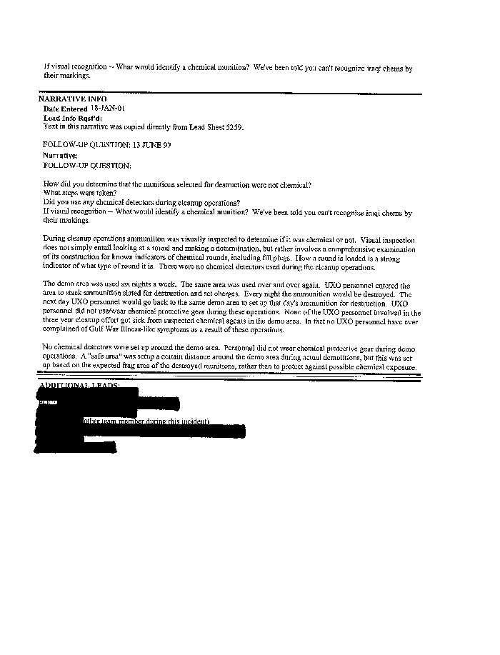 Lead Sheet #5293, Interview of team leader, 1st Force Service Support Group Explosive Ordnance Disposal Platoon, 7th Engineer Support Battalion, May 17, 1996, p. 3.