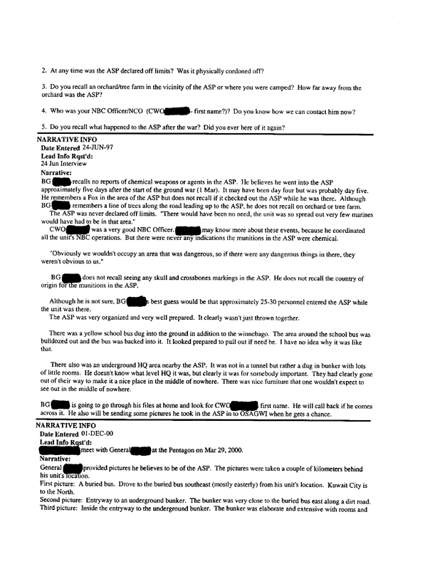 Lead Sheet #5333, Interviews of commanding officer, 1st Battalion, 5th Marine Regiment, June 10 and 24, 1997, and March 29, 2000, p. 1, 2, 3.