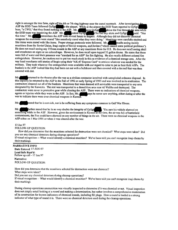 Lead Sheet #5259, Interview of team leader, 1st Force Service Support Group Explosive Ordnance Disposal Platoon, 7th Engineer Support Battalion, June 11, 1997, p. 2, 3.