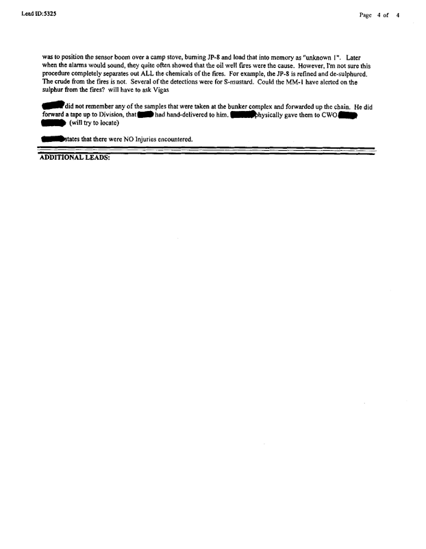 Lead Sheet #5325, Interview of Task Force Ripper nuclear, biological, and chemical officer, June 18, 1997, p. 2.
