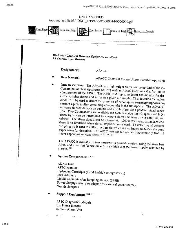 Brletich, Nancy R., Mary Jo Waters, Gregory W. Bowen, and Mary Frances Tracy, Worldwide Chemical Detection Equipment Handbook, Chemical and Biological Defense Information Analysis Center, October 1995, p. 408-409.