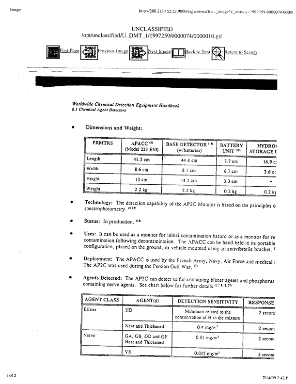 Brletich, Nancy R., Mary Jo Waters, Gregory W. Bowen, and Mary Frances Tracy, Worldwide Chemical Detection Equipment Handbook, Chemical and Biological Defense Information Analysis Center, October 1995, p. 408-409.