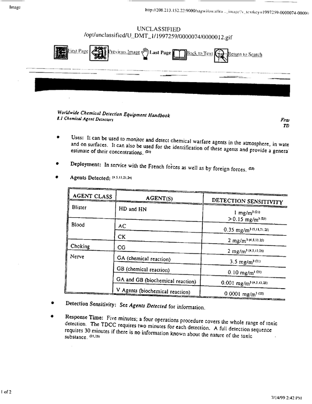 Brletich, Nancy R., Mary Jo Waters, Gregory W. Bowen, and Mary Frances Tracy, Worldwide Chemical Detection Equipment Handbook, Chemical and Biological Defense Information Analysis Center, October 1995, p. 408-409.