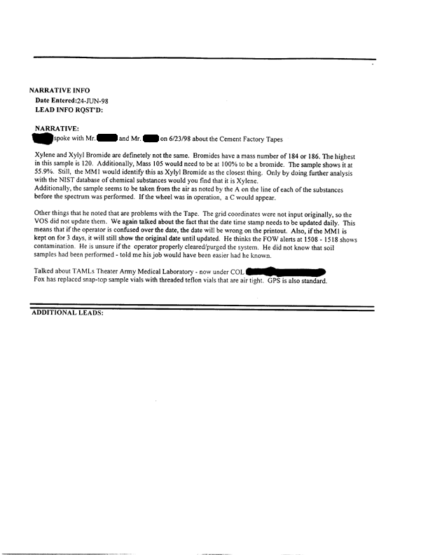 Lead Sheet #5431, Interview of Fox expert, US Army Chemical and Biological Defense Command, July 9, 1997, p. 1.