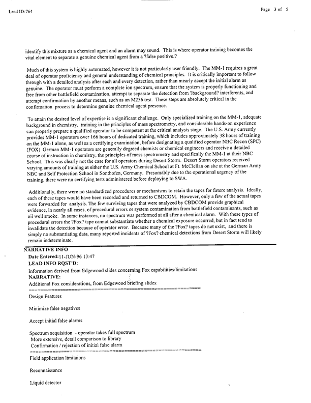 Lead Sheet #764, Interview of Fox expert, Chemical and Biological Defense Command, May 28, 1996, p. 2. 