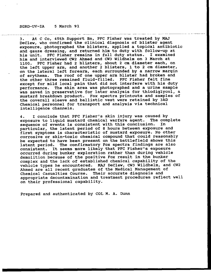 Memoradnum for Record, Subject: Analysis/Evaluation of Clothing and Gauze Samples, US Army Chemical Research, Development and Engineering Center, March 1991
