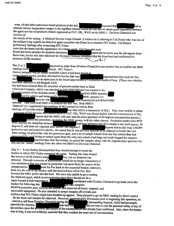 Lead Sheet 10905, Interview of Fox vehicle company commander, 22nd Chemical Company, June 6, 1997
