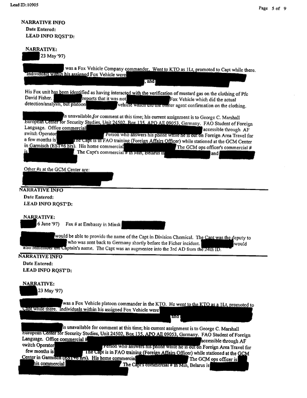 Lead Sheet 10905, Interview of Fox vehicle company commander, 22nd Chemical Company, June 6, 1997. 