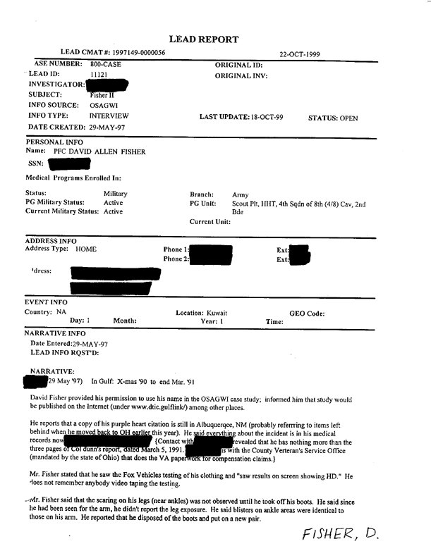 Lead Sheet 11121, Interview of Private David A. Fisher, May 29, 1997