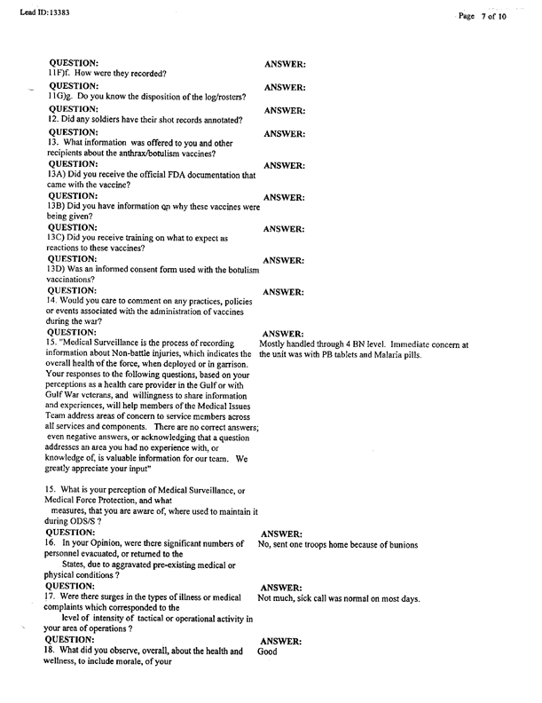 Lead Sheet 13383, Interview of surgical physician's assistant, 4-8th Cavalry, 3rd Armored Division, May 21, 1998