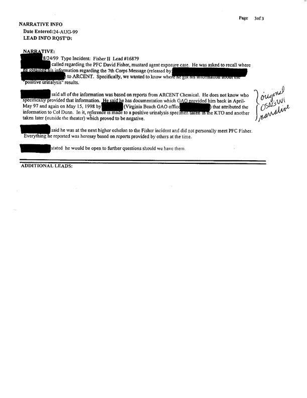 Lead Sheet 16879, Interview of division chemical officer, 3rd Armored Division, August 24, 1999