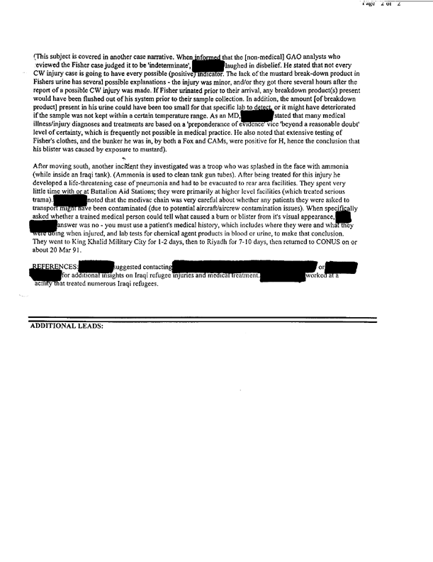 Lead Sheet 18585, Interview of US Army Medical Research Institute of Chemical Defense pulmonary specialist, August 17, 1998