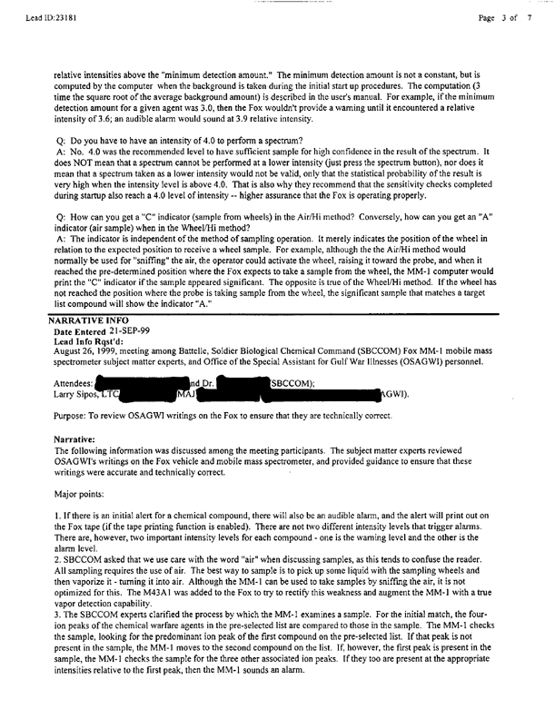 Lead Sheet 23181, Meeting with Fox subject matter experts, May 6, 2000