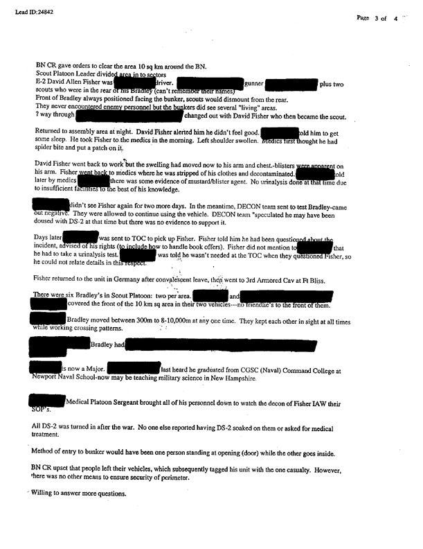 Lead Sheet 24842, Interview of platoon sergeant, 4-8th Cavalry, 3rd Armored Division, September 24, 1999