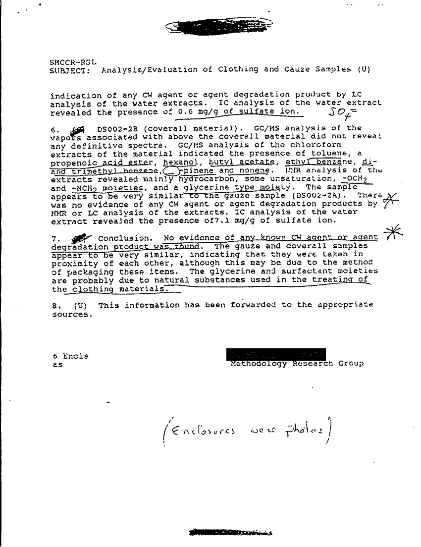 Memoradnum for Record, Subject: Analysis/Evaluation of Clothing and Gauze Samples, US Army Chemical Research, Development and Engineering Center, March 1991