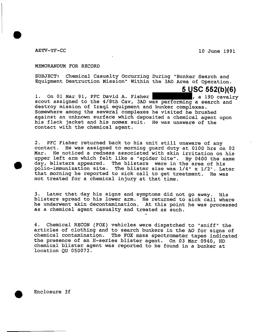 Memorandum for Record, Subject: �Chemical Casualty Occurring During �Bunker Search and Equipment Destruction Mission� Within the 3AD Area of Operation,� June 10, 1991
