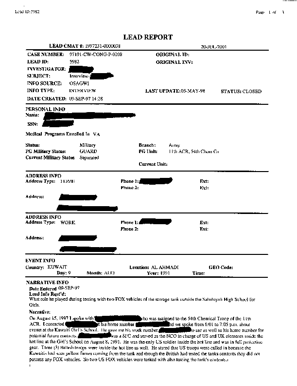 Lead sheet 5982, Interview with US soldier from 54th Chemical Troop supporting the Fox testing, August 15, 1997