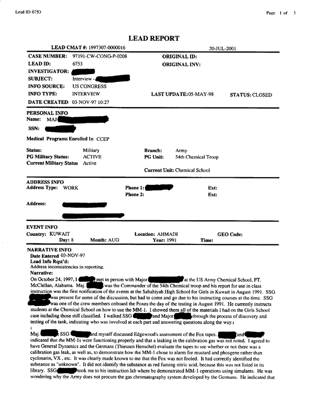 Lead sheet 6753, Interview with Major Michael F. Johnson, November 3, 1997