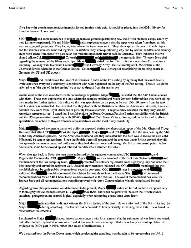 Lead sheet 6753, Interview with Major Michael F. Johnson, November 3, 1997