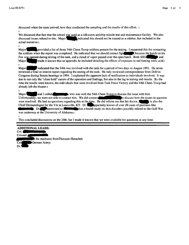 Lead sheet 6753, Interview with Major Michael F. Johnson, November 3, 1997