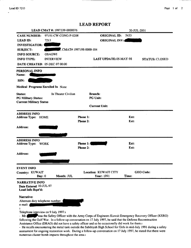 Lead sheet 7213, Interview with safety officer, US Army Corps of Engineers, July 10, 1997