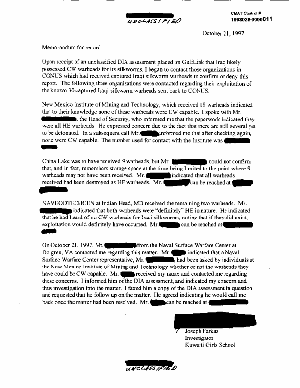 Memorandum for record by lead analyst, Office of the Special Assistant for Gulf War Illnesses, No Subject, October 21, 1997