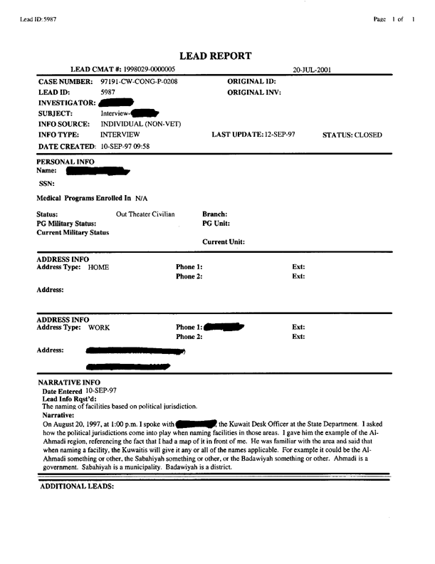 Lead sheet 5987, Interview with Kuwait desk officer, US State Department, September 10, 1997.