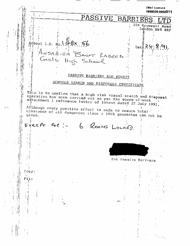 Letter from Passive Barriers, Ltd. employee, Subject: �Schools Search and Disposals Certificate,� August 24, 1991