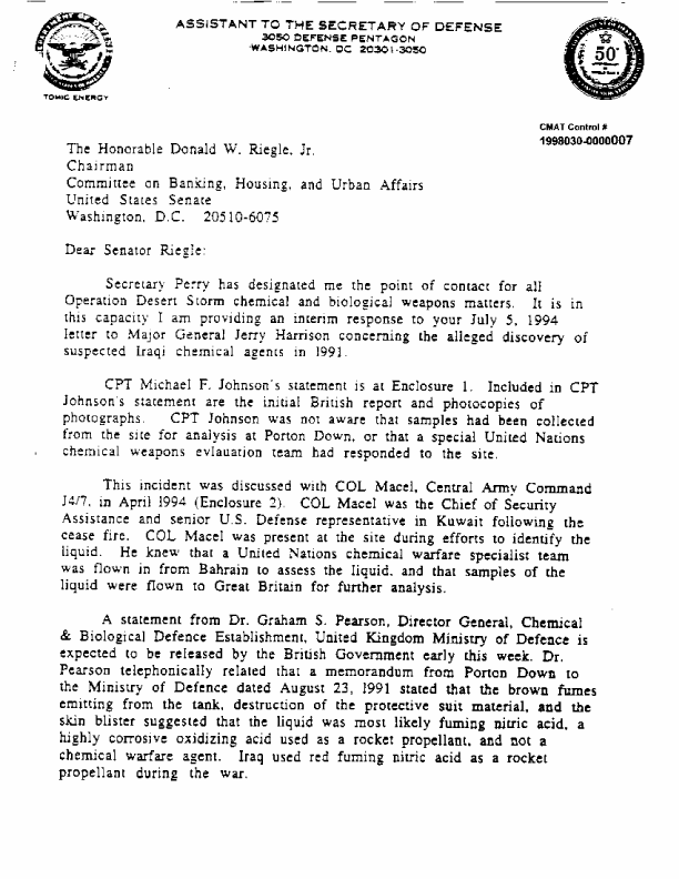 Letter from Assistant Secretary of Defense for Chemical/Biological Matters, No Subject,  undated