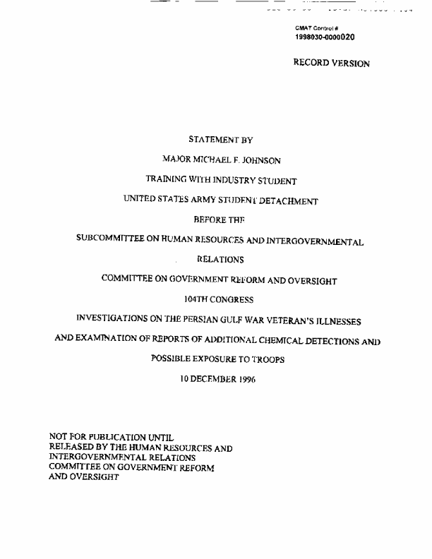 Testimony of Major Michael F. Johnson before the Subcommittee on Human Resources and Intergovernmental Relations, 
US House of Representatives, December 10, 1996