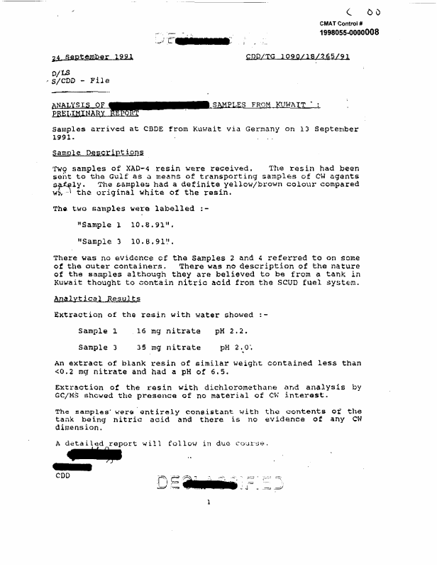 Preliminary Report from Chemical and Biological Defence Establishment (UK), Subject: �Analysis of samples from Kuwait,� September 24, 1991