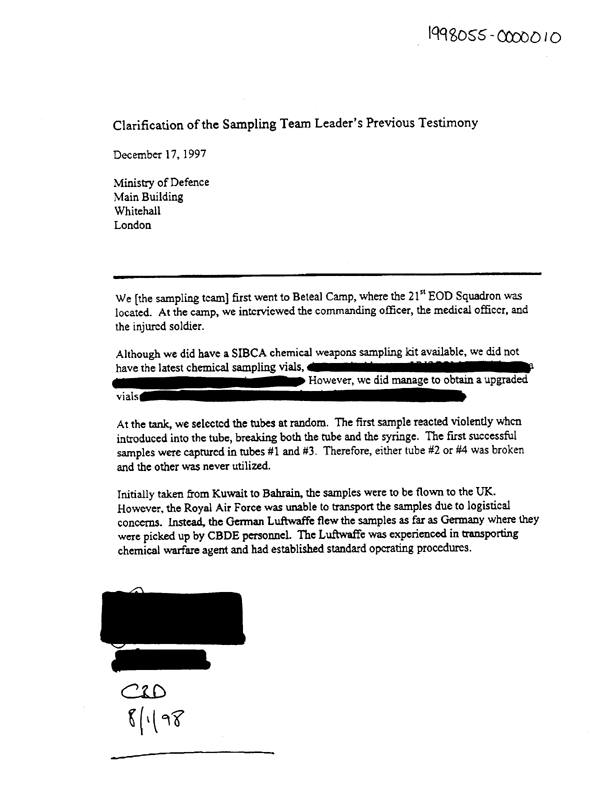 Memorandum from UK Ministry of Defence, Subject: �Clarification of the Sampling Team Leader�s Previous Testimony,� December 17, 1997, 