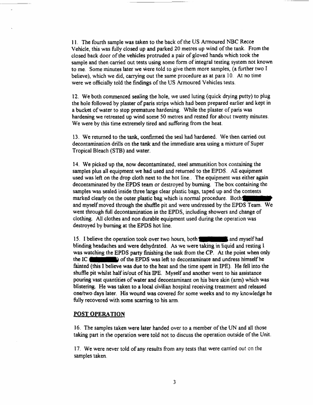 Statement of troop commander of 1st Troop, 21st EOD Squadron, Subject: �Chemical Incident Sabahiyah Girls School, 
Kuwait 1991,� November 10, 1997
