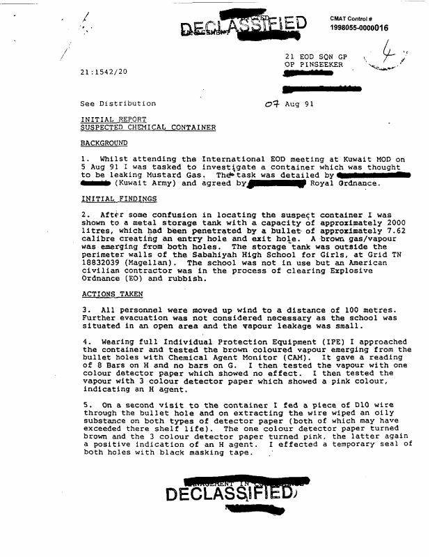 Initial Report from commanding officer, 21st EOD Squadron, Subject: �Suspected Chemical Container,� August 7, 1991