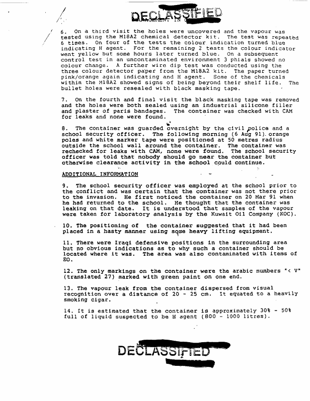 Initial Report from commanding officer, 21st EOD Squadron, Subject: �Suspected Chemical Container,� August 7, 1991