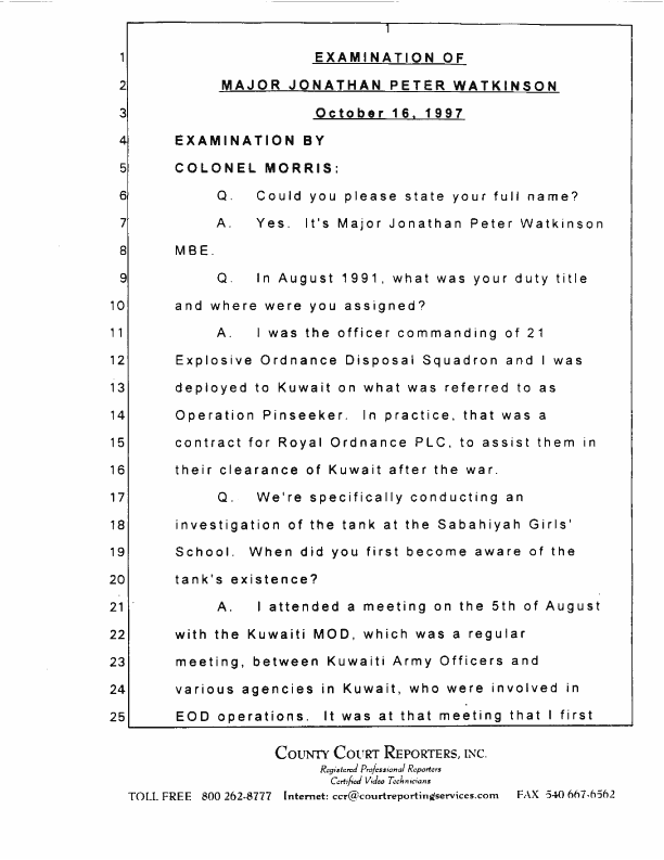 Interview with Major Jonathan Watkinson, October 16, 1997